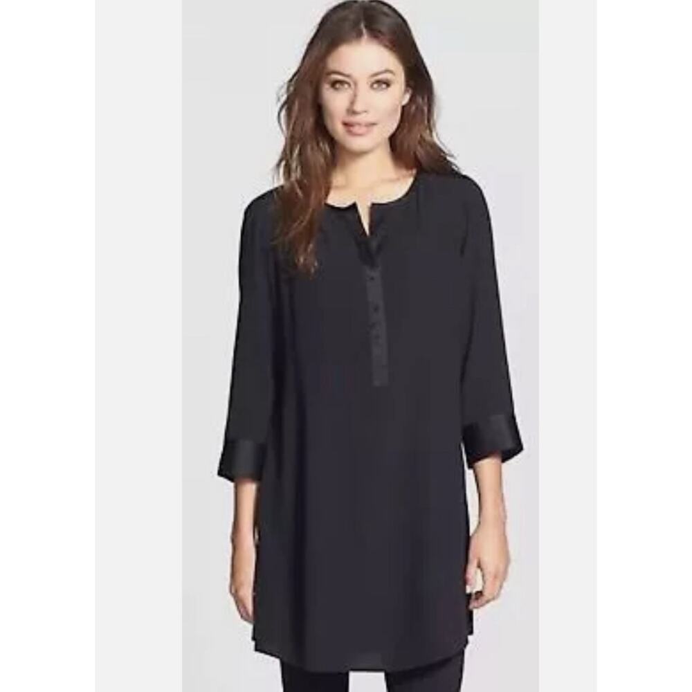 Eileen Fisher Black Georgette Crepe Silk Tunic Dress Satin Trim Women's XS
